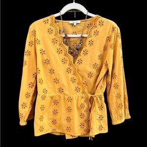 Golden Yellow Side Tie Scalloped Eyelet Top